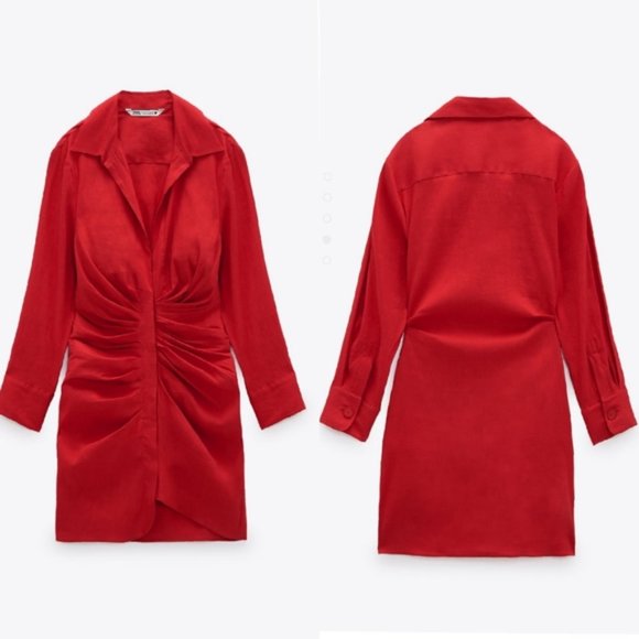 NEW ZARA LINEN BUTTON DOWN SHIRT DRESS WITH RUCHING RED LONG SLEEVE SIZE XL - Picture 2 of 5